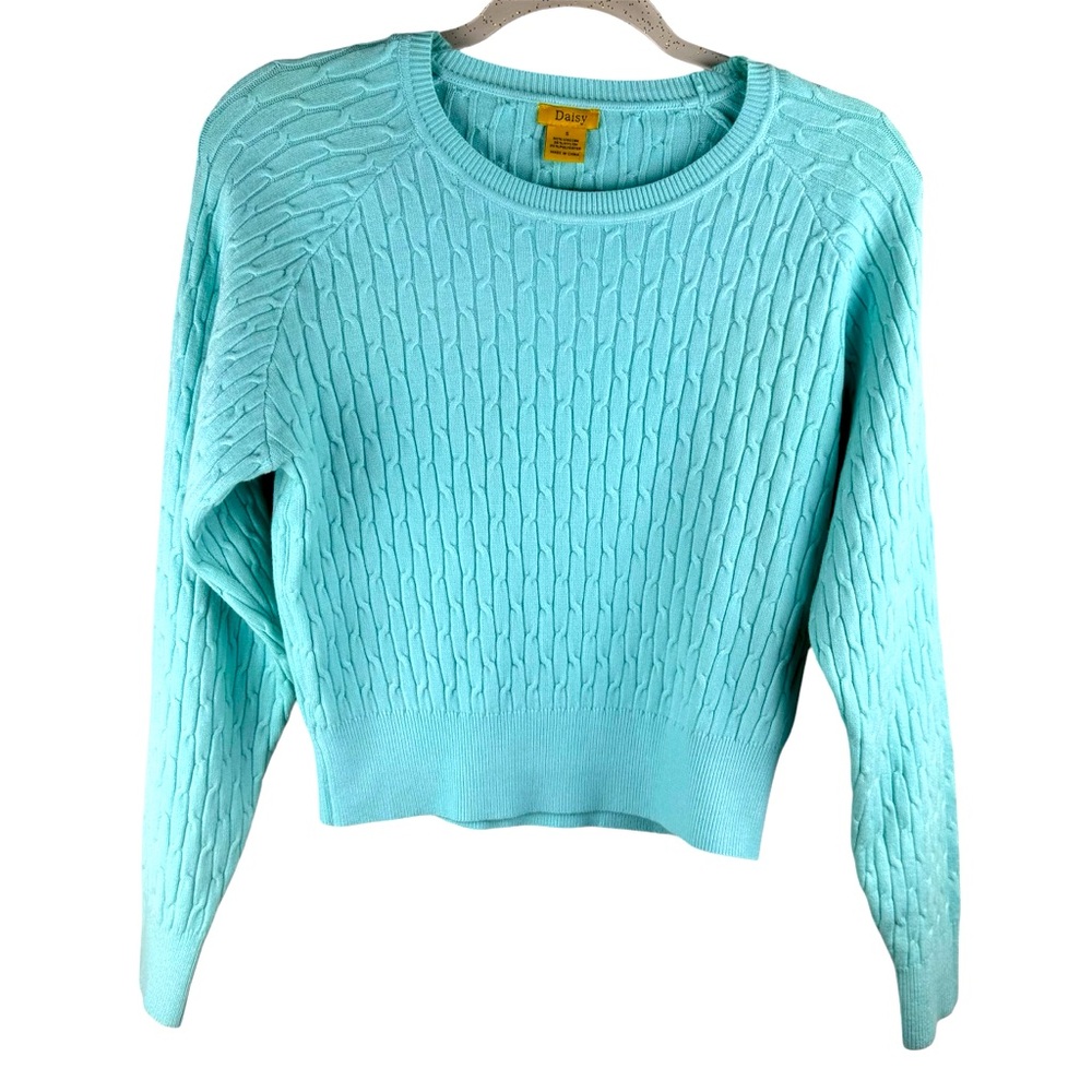 Daisy Sweater Women's Sz S‎ Mint Blue Knit Cropped Long Sleeve Pullover  Crew